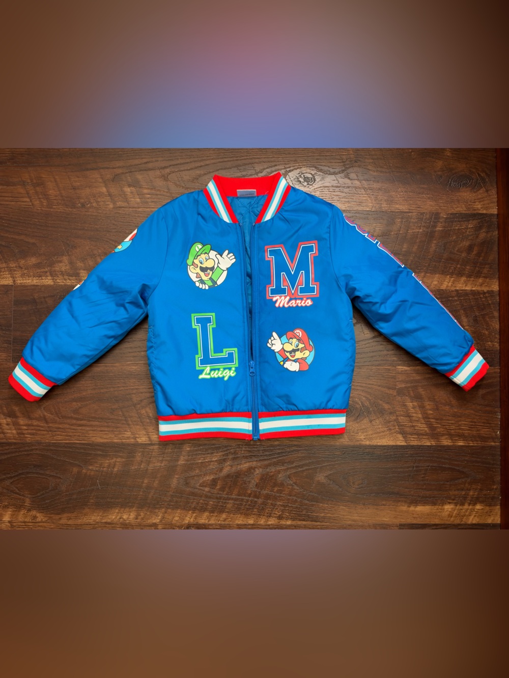 Blue Kids Bomber Jacket with Mario Character Graphics